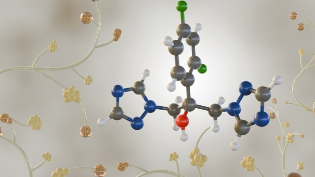 3d rendering of Fluconazole molecules, it is a medication used to treat and prevent fungal infections, that is commonly used to treat candidiasis, caused by Candida yeast