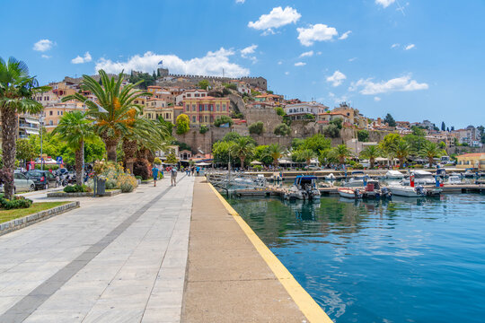 View of Kavala Fortress and boats in the port, Kavala, Dimos Kavalas, Eastern Macedonia and Thrace, Gulf of Thasos, Gulf of Kavala, Greece, Europe