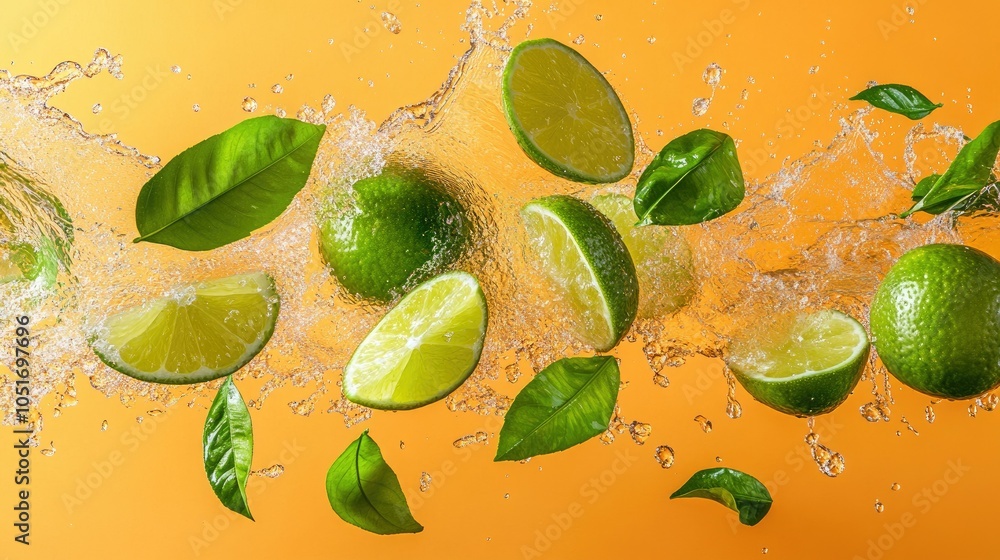 Poster refreshing lime slices with splashing water visuals