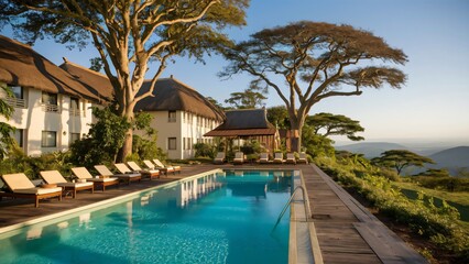 A luxurious hotel pool surrounded by palm trees and clear blue water, perfect for a relaxing summer vacation by the beach