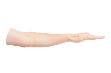 A male hand palm facing down as if throw away something isolate on transparent background.