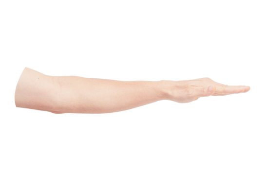 A male hand palm facing down as if throw away something isolate on transparent background.