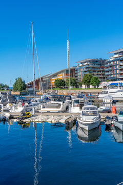 View of boats and architecture at the waterfront, Aker Brygge, Oslo, Norway, Scandinavia, Europe