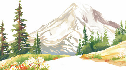 Watercolor landscape with trees and mountains 
