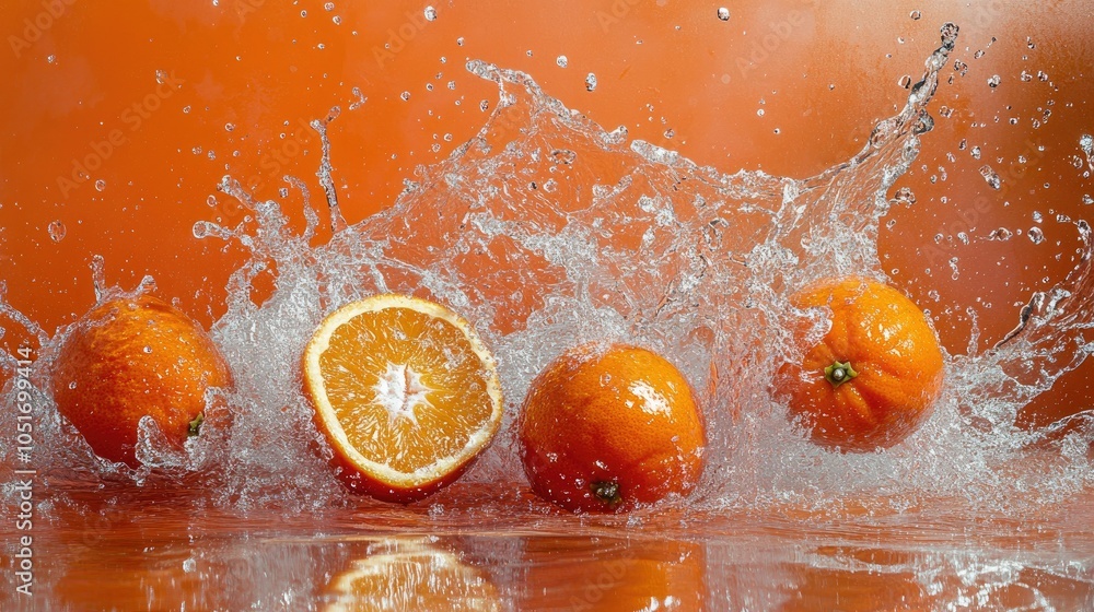 Poster colorful splash of sliced oranges with dynamic water