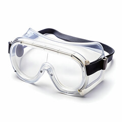 A pair of transparent safety goggles designed for protection