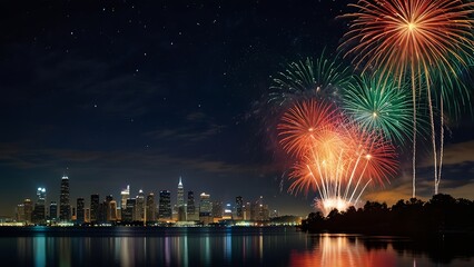 Fireworks Exploding in the Night Sky, Lighting Up the Darkness with Bright Bursts of Color and Light, Creating a Mesmerizing Display of Beauty and Celebration