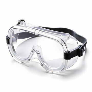 A pair of transparent safety goggles designed for protection