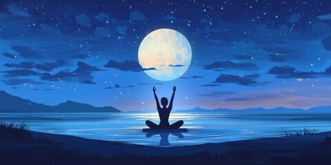 Moonlit meditation by water, serene figure silhouetted against night sky