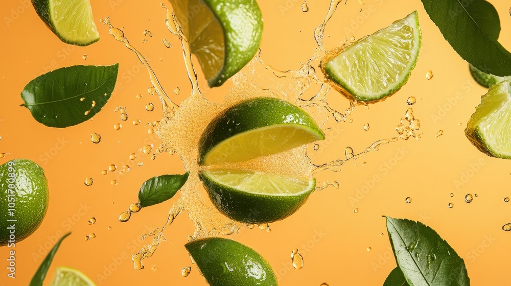 Poster fresh lime wedges and leaves splashing in action