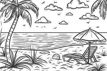 Summer beach, coloring page for kids, line art, black and white.