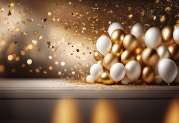 A cluster of gold and white balloons rests on a white surface, with confetti raining down from a spotlight overhead.