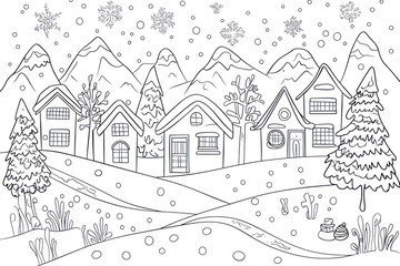 Obraz premium Winter wonderland, coloring page for kids, line art.