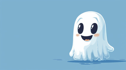 Obraz premium Halloween banner with copy space, illustrated mascot character of friendly ghost, smiling