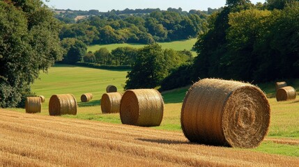 A picturesque scene of golden hay bales in a warm, freshly harvested field, epitomizing the essence of summer and the agricultural lifestyle.