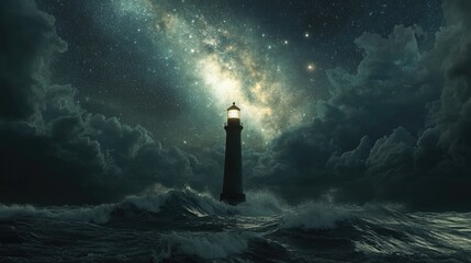 Majestic Lighthouse Amidst Stormy Night Sky
