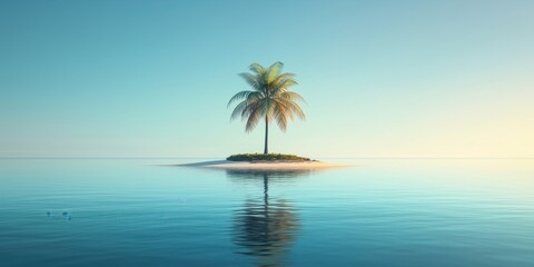 Tropical island with palm tree, serene water, clear sky, peaceful atmosphere