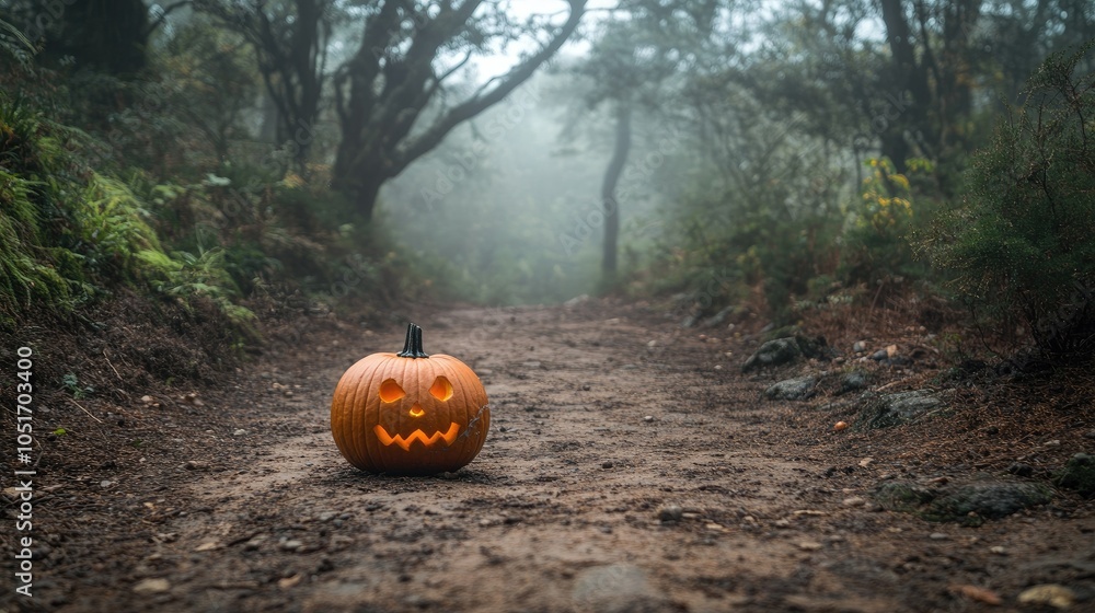 Poster carved pumpkin with haunting expression, placed on a dirt path surrounded by mist and spooky trees
