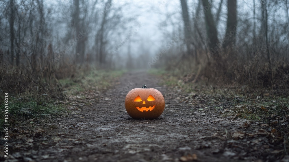Poster carved pumpkin with haunting expression, placed on a dirt path surrounded by mist and spooky trees