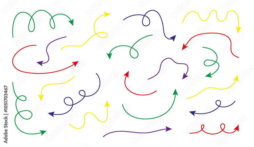 Poster set of thin multicolored arrows. different shapes pointer on white background. hand drawn lines