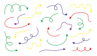 Set of thin multicolored arrows. Different shapes pointer on white background. Hand drawn lines