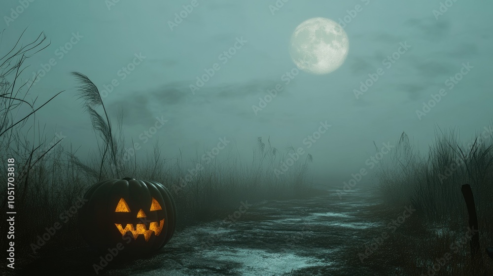 Poster Eerie jack-o-lantern with sharp carved features, placed on a foggy path under a full moon with haunting shadows