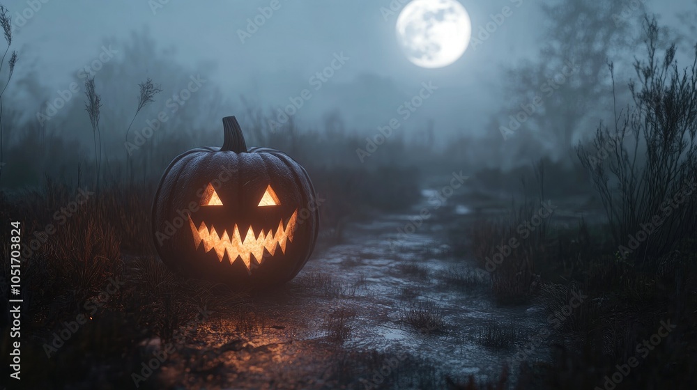 Poster Eerie jack-o-lantern with sharp carved features, placed on a foggy path under a full moon with haunting shadows