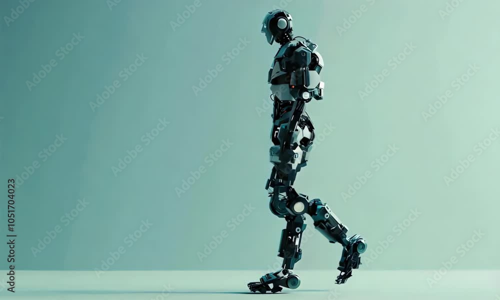 Poster futuristic robot walking across a minimalist background in soft lighting