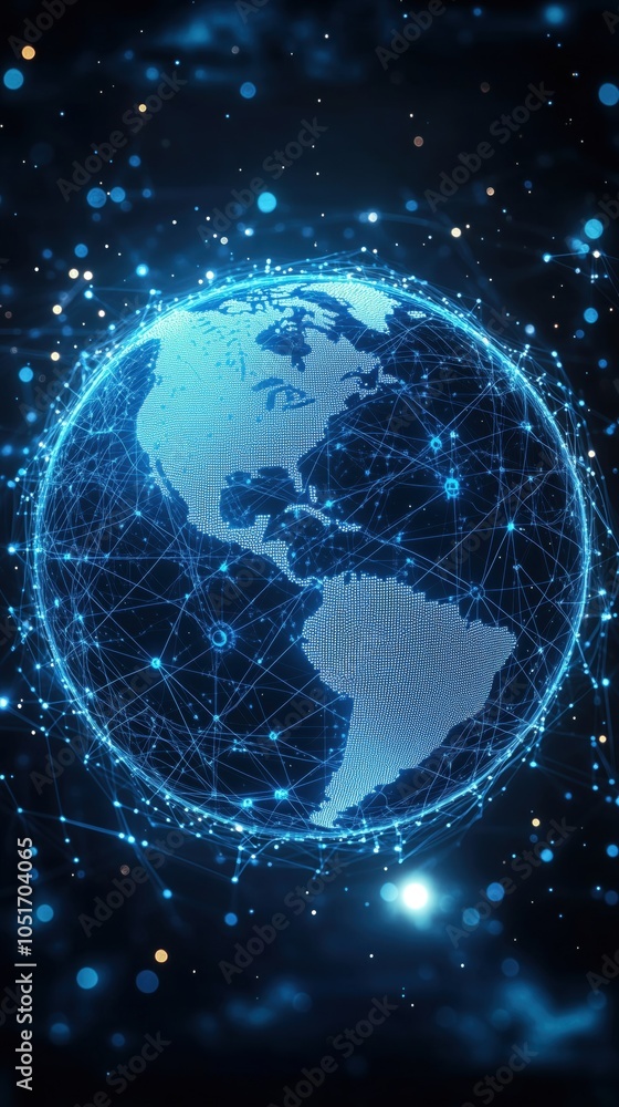 Poster stylized digital globe with interconnected network nodes and glowing elements, on a dark background.