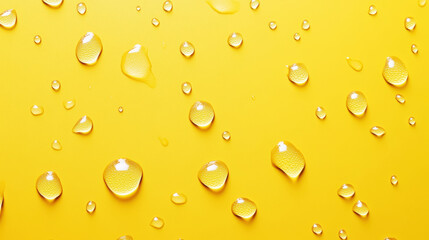 Aesthetic water drops on yellow background, copy space in the center. Presentation template. Generative AI