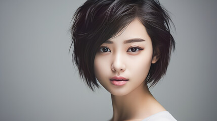 Fototapeta premium Portrait of smiling asian teenager girl with short hair gray background.