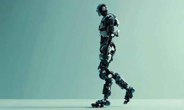 Futuristic robot walking across a minimalist background in soft lighting