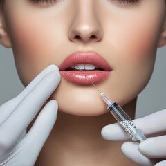 Cosmetic surgery, woman and hands with filler in lips for facial transformation, beauty and change in studio. Syringe, surgeon or girl patient with injection for makeover treatment on blue background