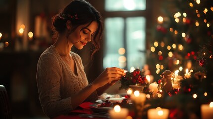 Creative scene of a woman decorating a festive dining table.