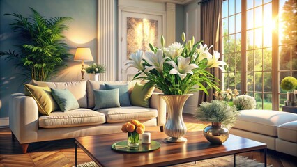 Cozy Living Room Interior Design with Fresh Lilies, Natural Light, Greenery, and Relaxing Sofa - Inspiration for Home Decor and Serenity