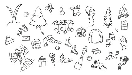 Obraz premium Set of Christmas doodle icons. Hand drawn vector illustration.