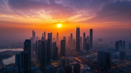 Fototapeta premium Sunset over Dubai skyline, skyscrapers silhouetted against vibrant sky
