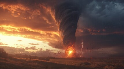 Majestic Tornado Swirls Through Rural Landscape at Dusk