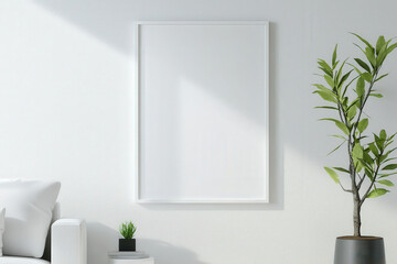 Fototapeta premium clean and minimalist living room featuring blank frame on wall, small potted plant, and leafy indoor plant, creating serene and inviting atmosphere