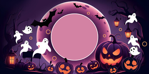 Obraz premium Abstract background. Halloween sale and invitation party a fun night out with cute ghosts and ghost pumpkin and a scary moon in an abandoned cemetery. Website, template, Poster, Promotion