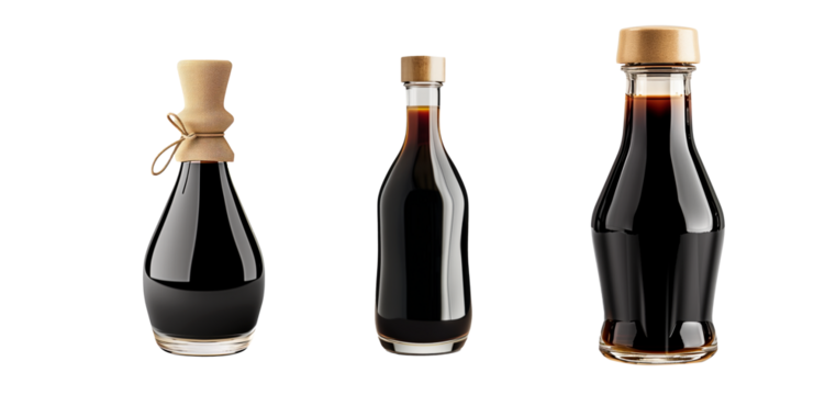 Bottle of soy sauce with a golden cap isolated on a white transparent background. Condiment concept.