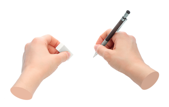 Hands with pencil isolated on transparent background. Contemporary art
