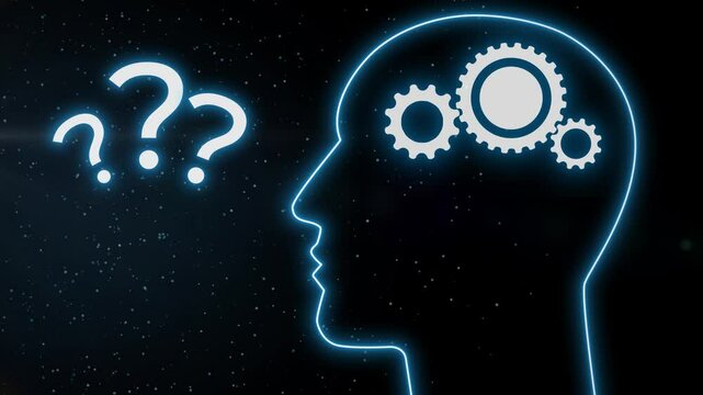 Gear animation inside human head profile with question marks on black background. Alpha channel included
