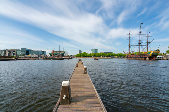 Pier and VOC Ship Amsterdam Replica and NEMO Science Museum, Amsterdam, The Netherlands