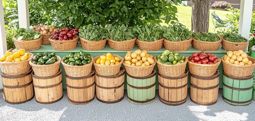 Fototapeta premium Colorful assortment of fresh fruits and vegetables in wooden baskets, white isolate background.