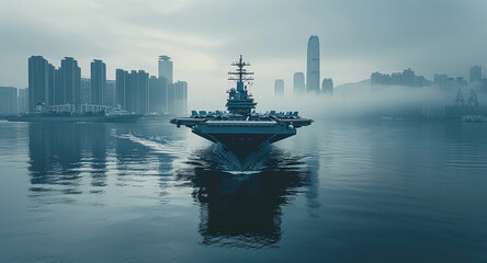 Fototapeta premium A sturdy aircraft carrier navigating calm waters, with skyscrapers rising from its deck, symbolizing the stability and strength of long-term real estate investments.