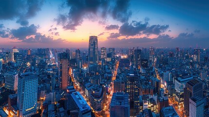 Fototapeta premium A panoramic view of the modern cityscape at night, showcasing tall buildings and bustling streets illuminated by lights. The sky is painted with hues of blue as clouds.