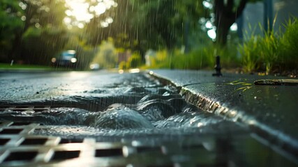 Blurred storm drainage grate on a city street during the rain. Flow of water and puddles on the road.