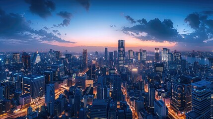 Obraz premium A panoramic view of the modern cityscape at night, showcasing tall buildings and bustling streets illuminated by lights. The sky is painted with hues of blue as clouds.