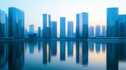 Obraz premium A stunning city skyline reflected on water during twilight, showcasing modern architecture with glass facades and serene atmosphere.
